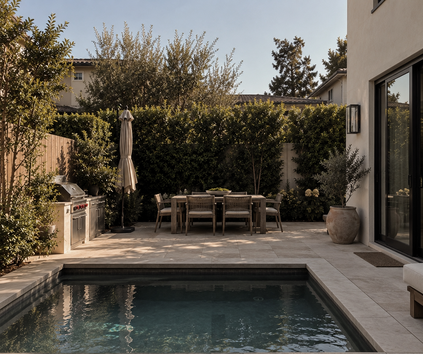 Pacific Palisades backyard with a dark-tiled plunge pool, limestone paver terrace, built-in stone outdoor kitchen, wicker dining set and a tall clipped privacy hedge