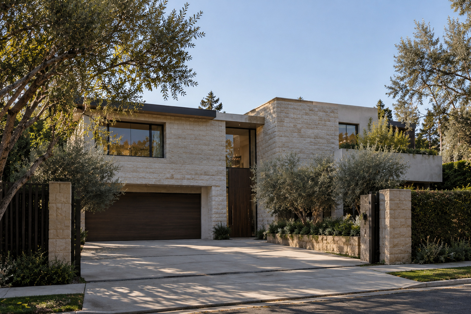Modern stone residence with dark wood garage door and entry gate surrounded by olive trees