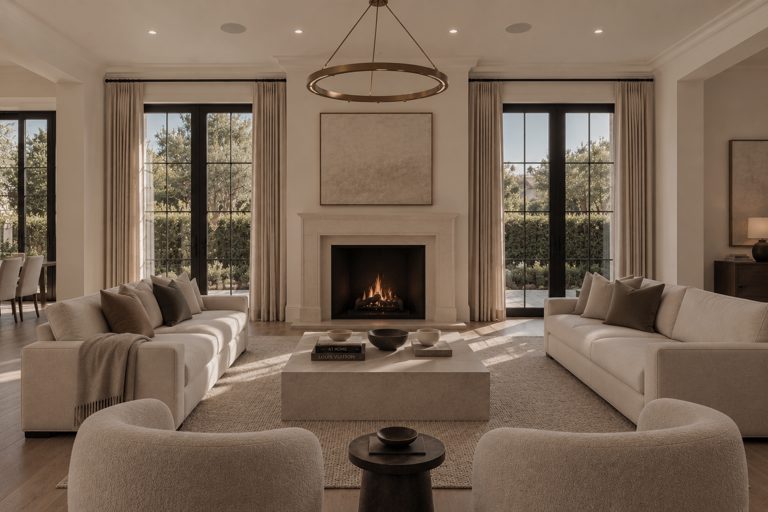 Symmetrical living room with two cream sofas facing each other, a stone fireplace with an abstract artwork above it, a round brass ring chandelier, black-framed French doors on both sides opening to a hedged garden, and a coffee table styled with ceramic bowls and stacked design books.