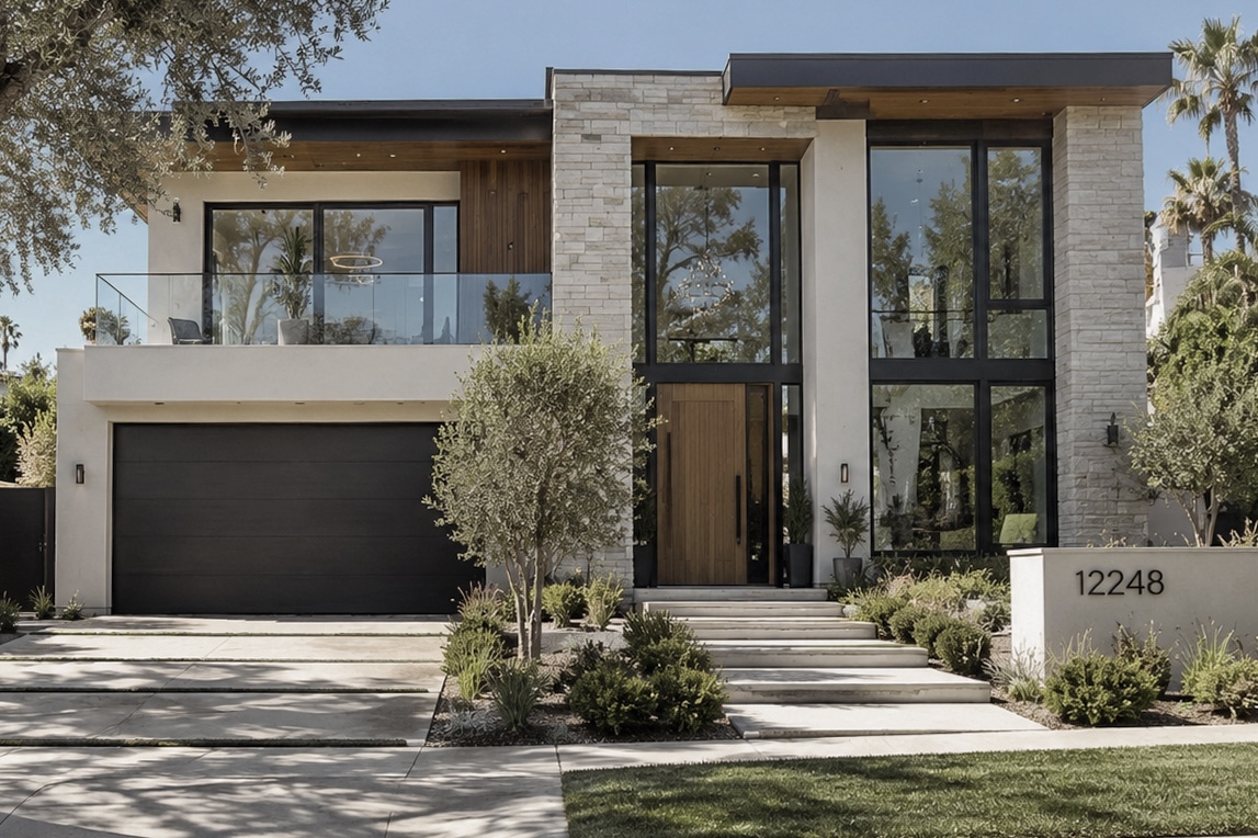 Contemporary Studio City residence with limestone facade, black-framed windows, olive trees and layered landscaping