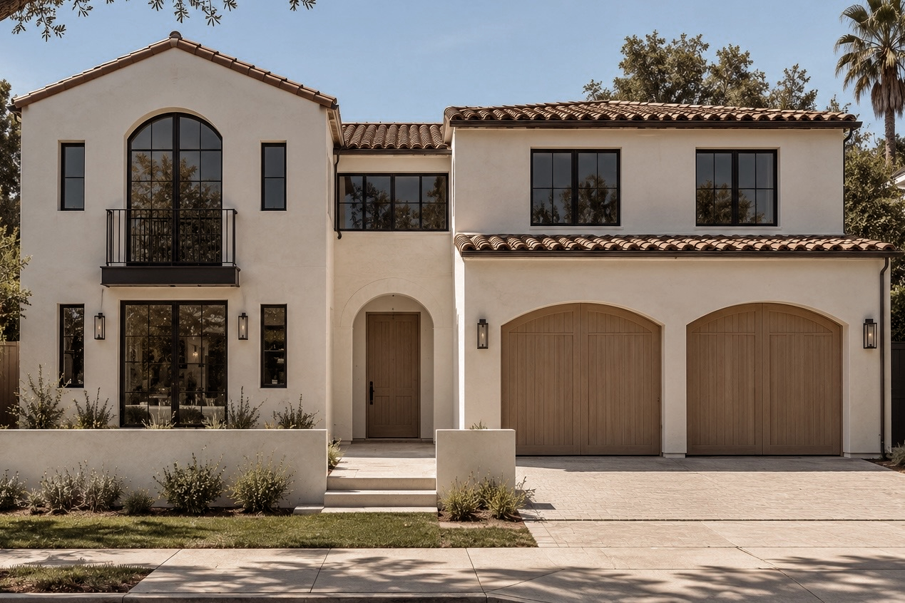 Mediterranean-inspired Santa Monica residence with arched windows, clay tile roof, and landscaped front garden