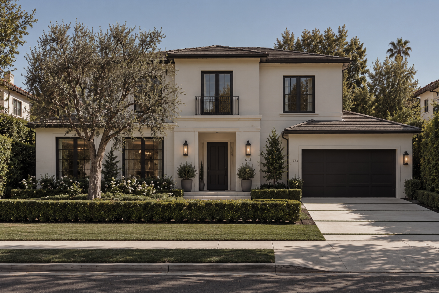 Refined Beverly Hills residence with formal gardens and mature olive tree