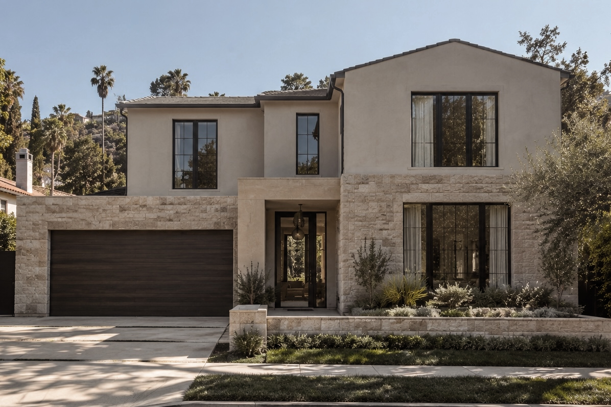 Front exterior of a refined stone and stucco residence in Pacific Palisades