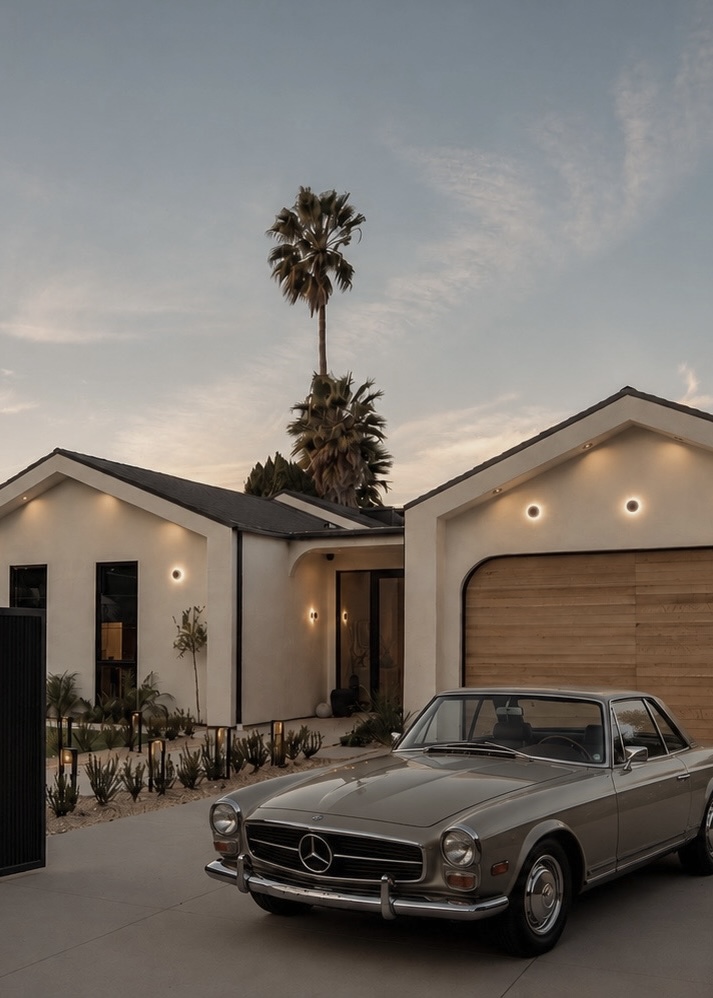Modern Los Angeles residence at dusk with a classic car in the drive