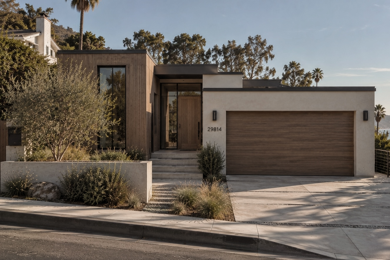 Contemporary Malibu residence with warm wood siding, stucco garage, and native coastal landscaping