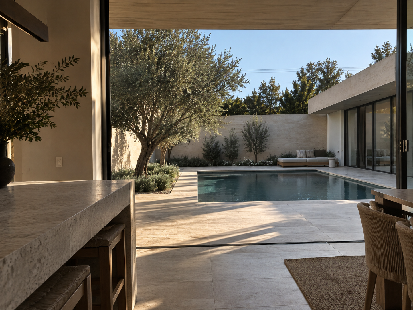 Indoor-outdoor living space with stone kitchen island opening to a serene pool courtyard and olive trees
