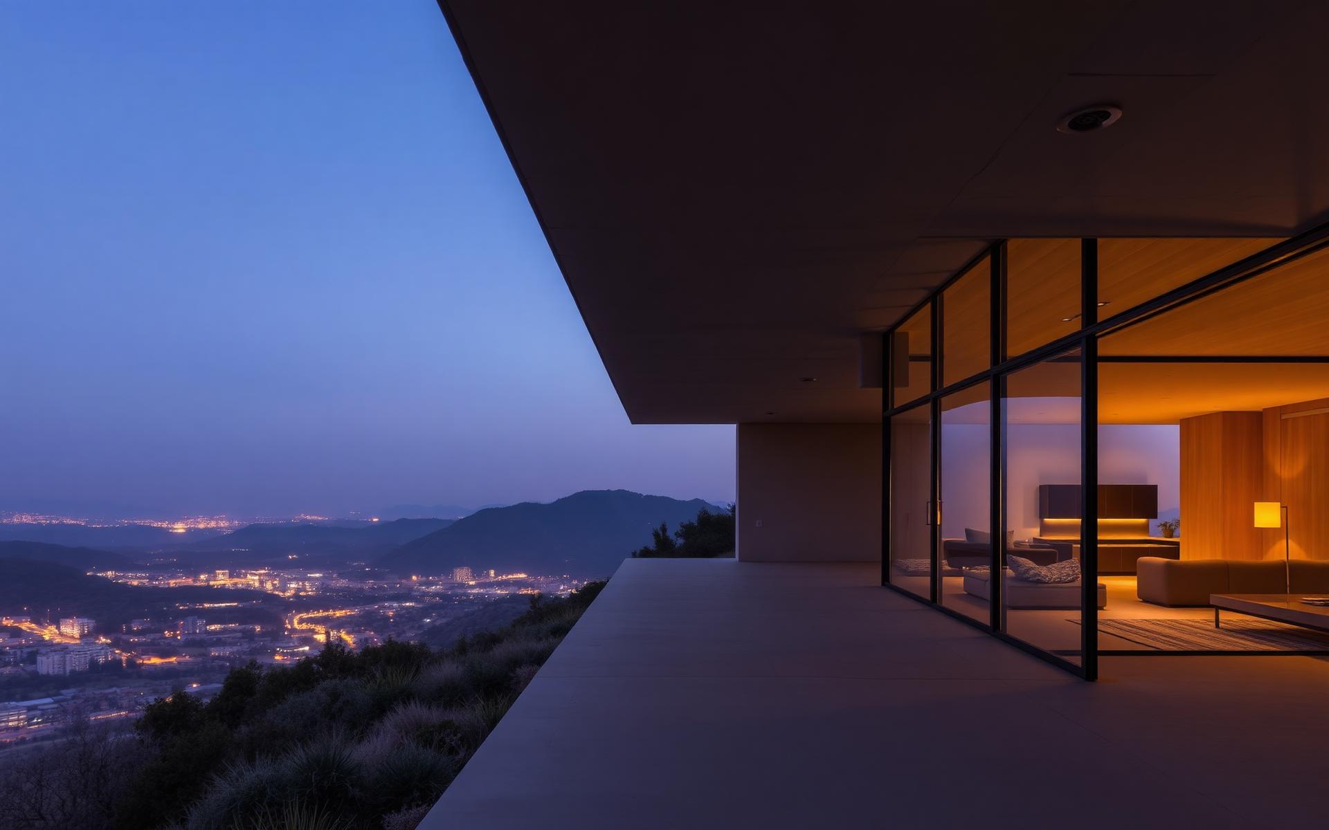 Terrace at dusk overlooking the city lights