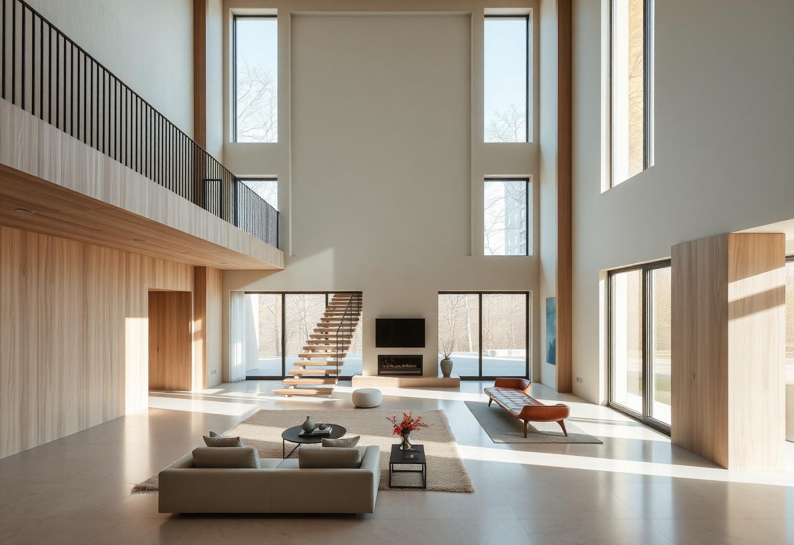 Double-height living hall with oak paneling and a floating staircase