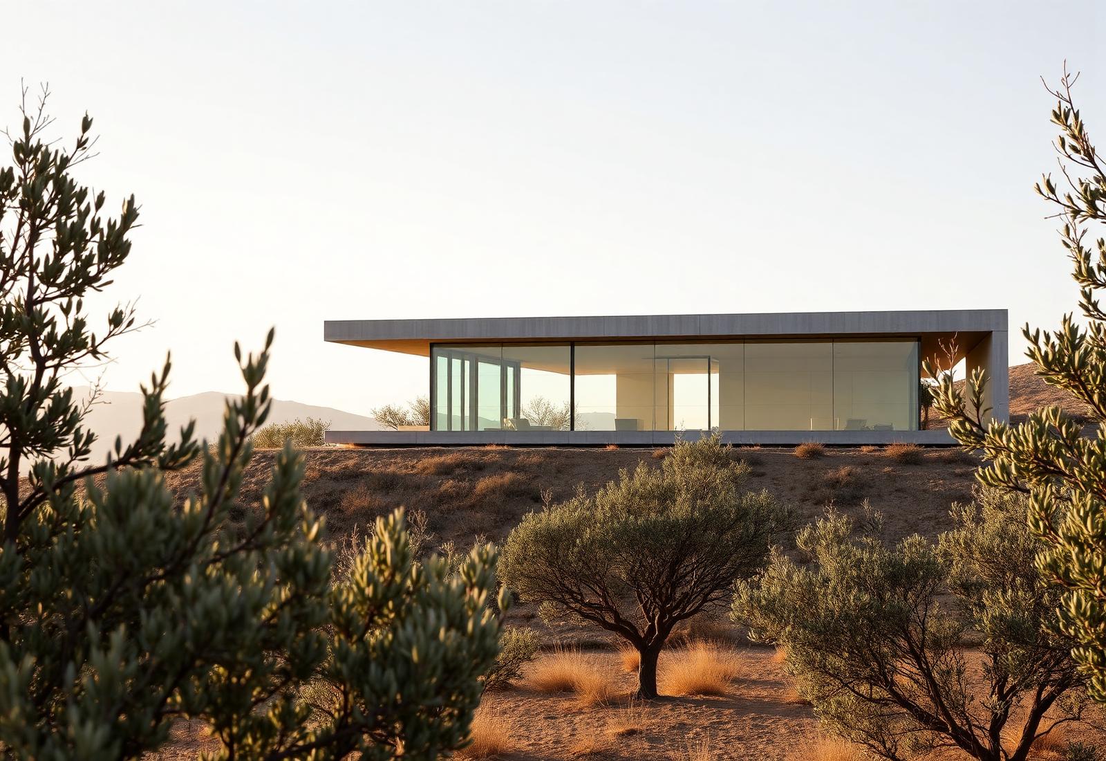 Single-story concrete and glass pavilion on a ridge among olive trees